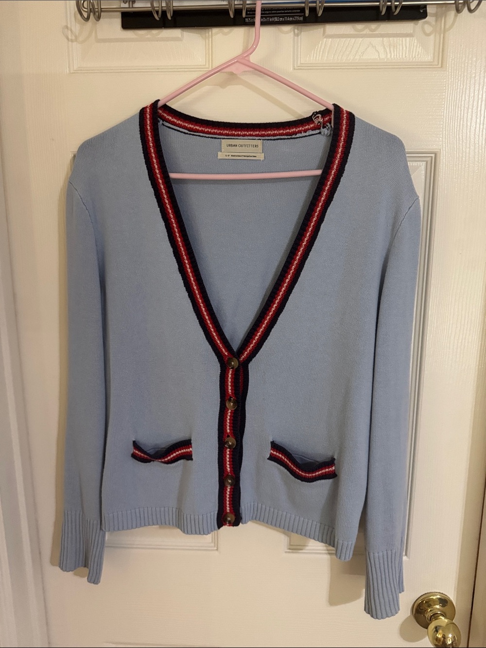 Urban Outfitters Light Blue Cardigan with Red and Navy Stripe Trim